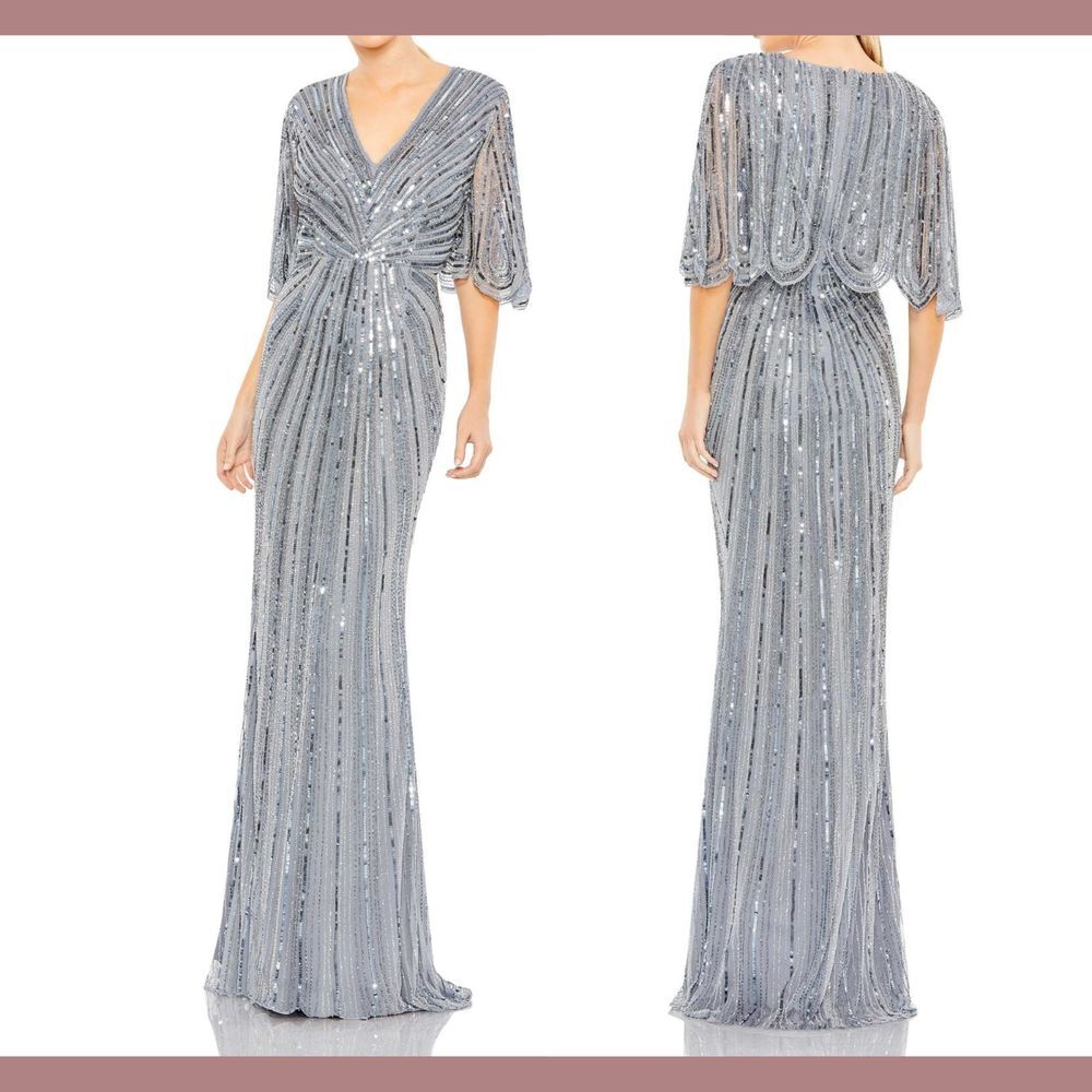 NWT $698 Mac Duggal [ 8 ] Sequined V-Neck Cape Sleeve Gown‎ 93583 in Slate Blue